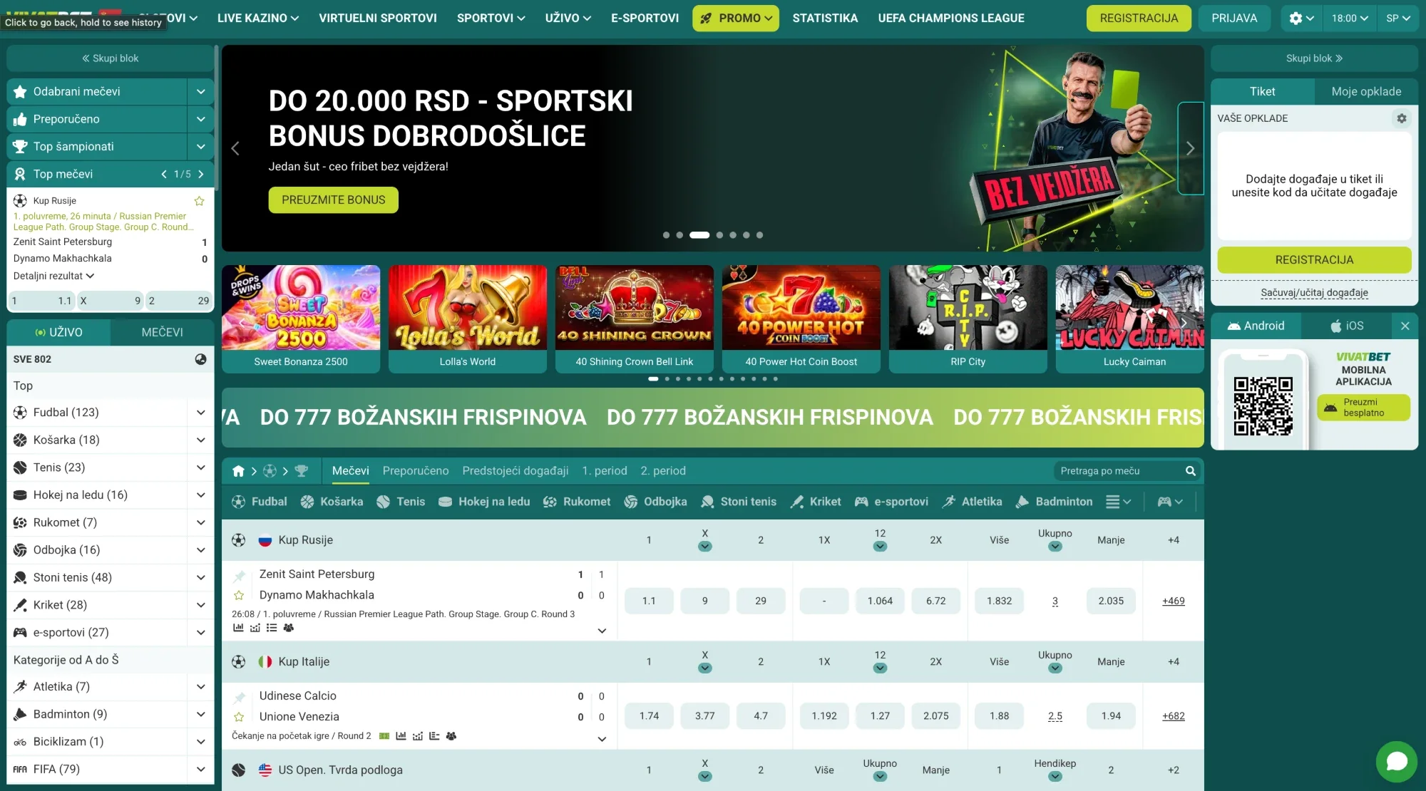 Zvanični izgled VivatBet platforme — kladionica i live kazino